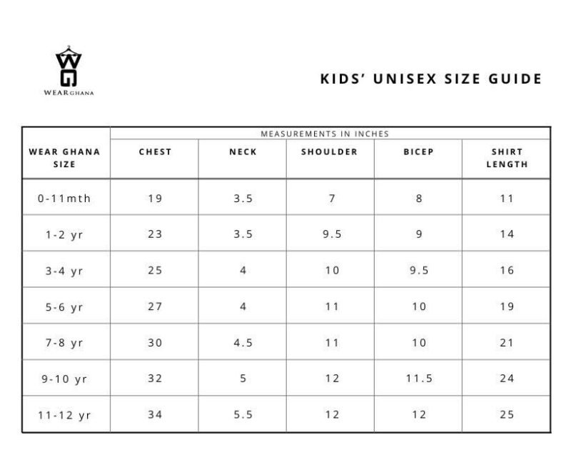 Kids Unisex Size Guide Kids Unisex Size Guide