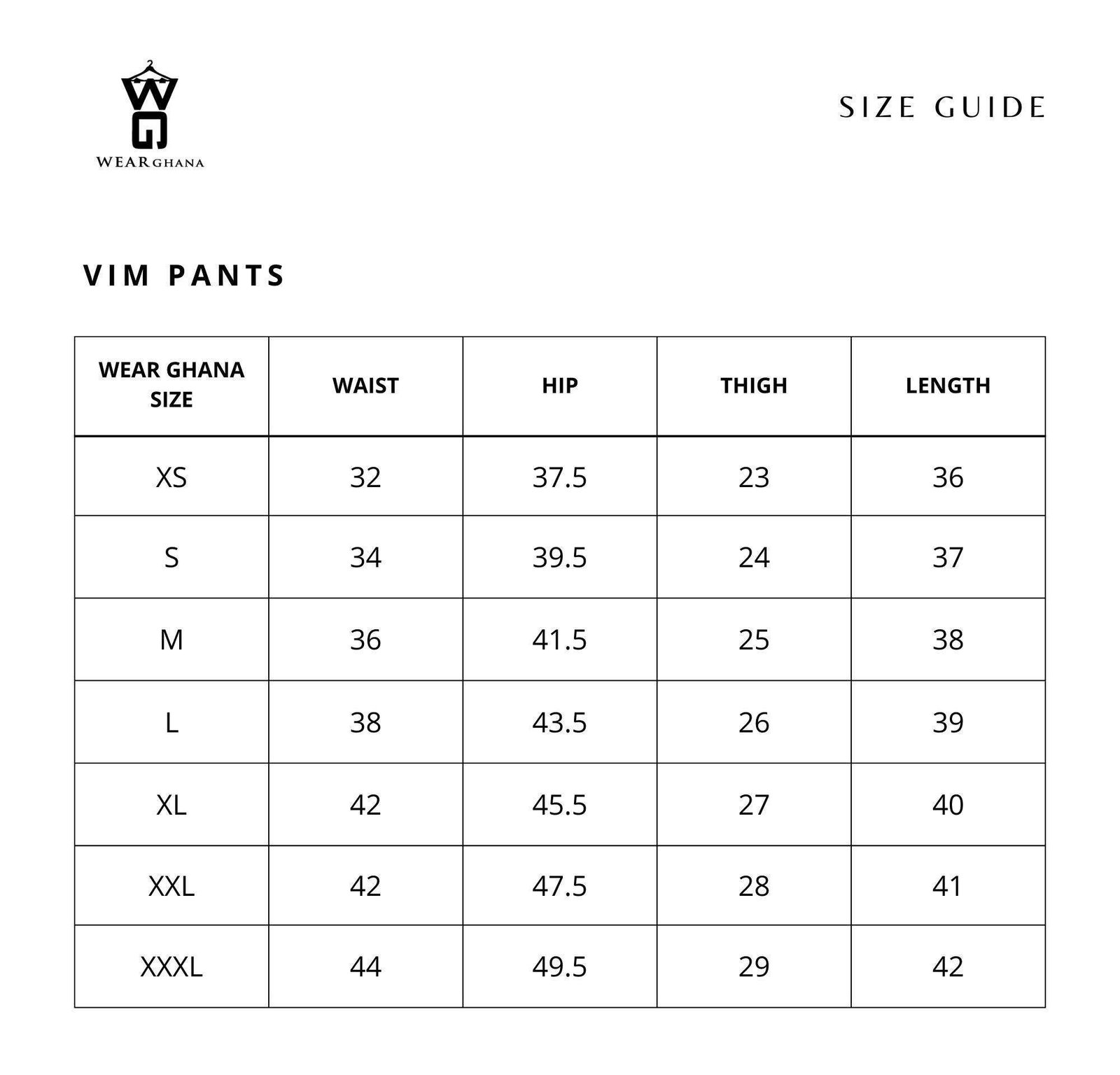 VIM Pants Size Guide